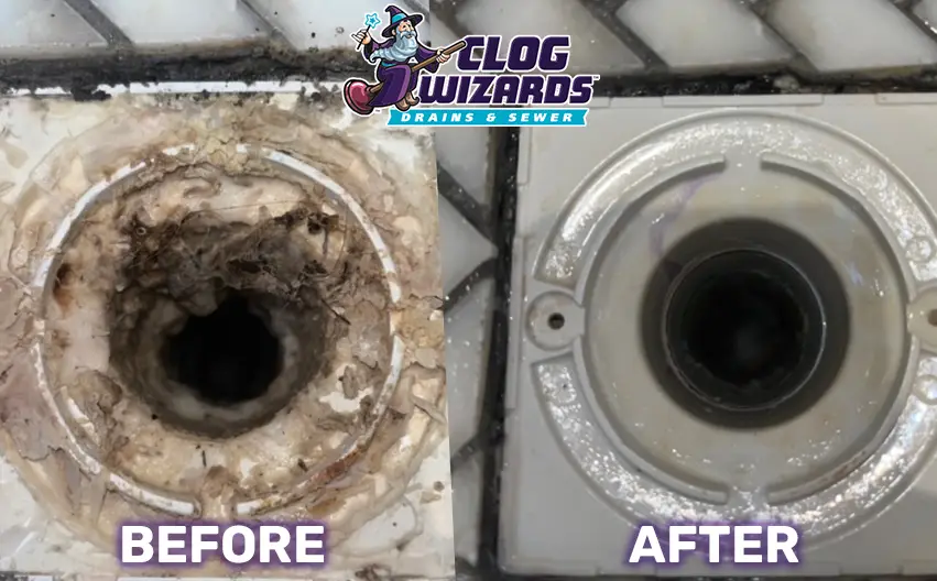 A before-and-after comparison showing a clogged drain cleared by Clog Wizards, highlighting their professional drain cleaning services.